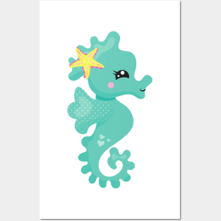 Cute Seahorse, Green Seahorse, Starfish, Hearts Posters and Art